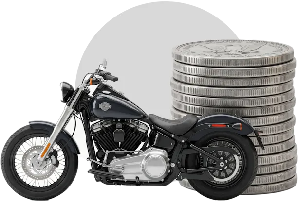 Grey and used Harley-Davidson with coins to its side simbolyzing the saves you will have