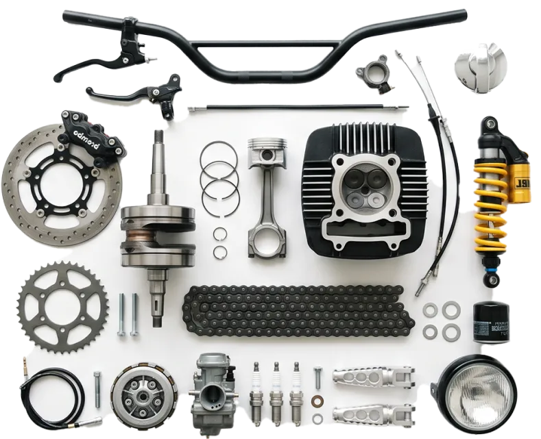 Disarmed motorcycle parts on the floor